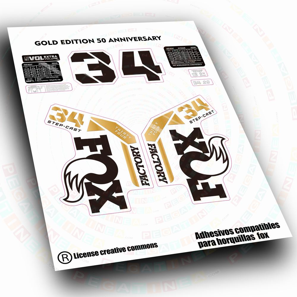 PEGATINAS COMPATIBLES CON  FOX 34 FACTORY SC  GOLD EDITION 50 ANIVERSARIO WP696
